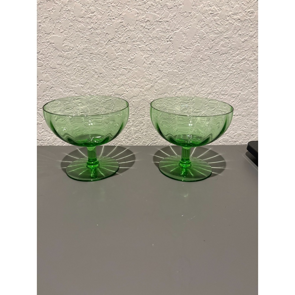 VTGPAIR of GREEN DEPRESSION GLASS SHERBET DESSERT BOWLS - BLOCK OPTIC - URANIUM